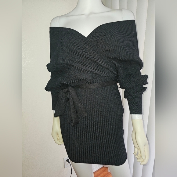 Womens Off Shoulder Sweater Dress Tie Waist Ribbed Dress Black S - Picture 1 of 7